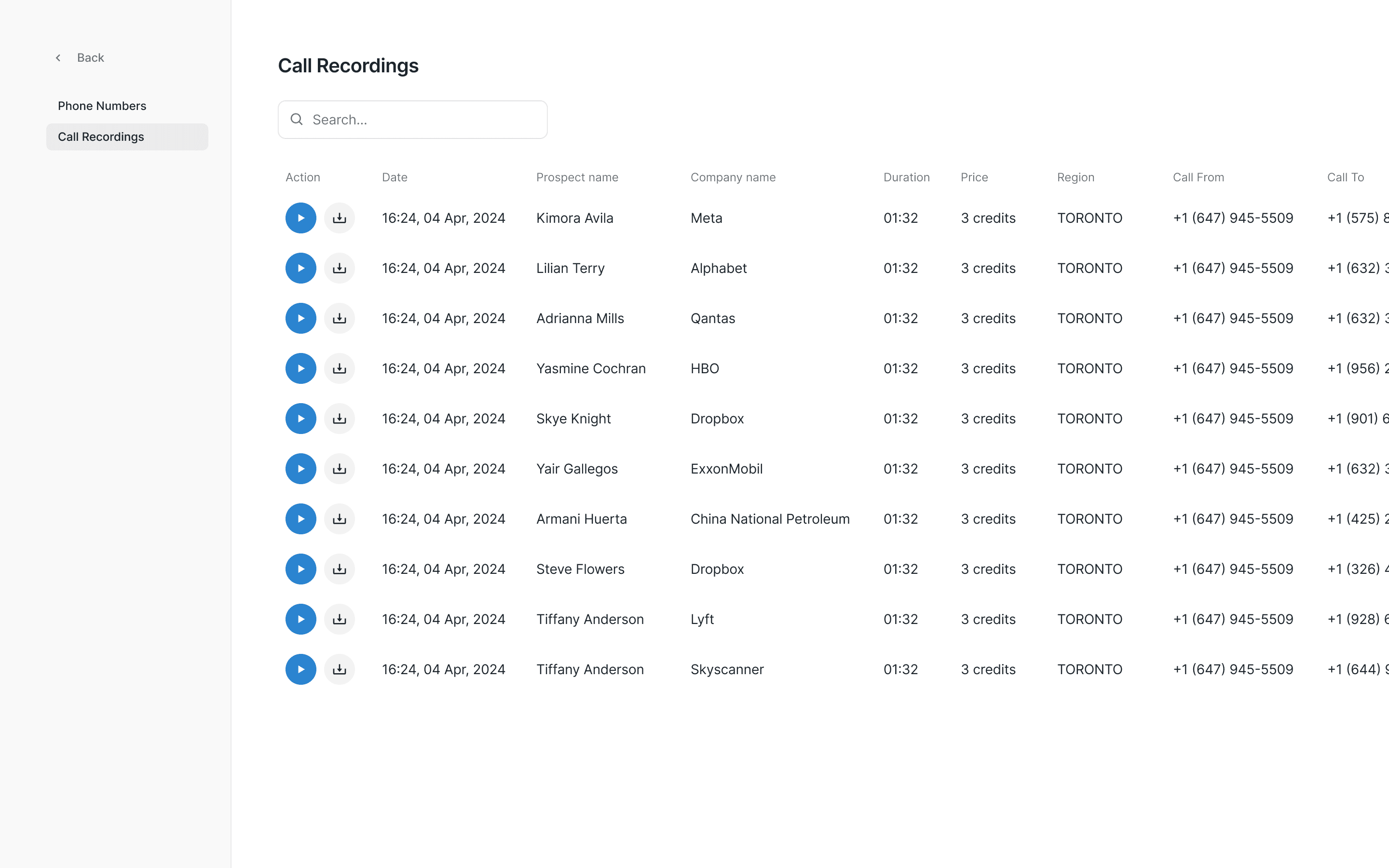 Call recordings list