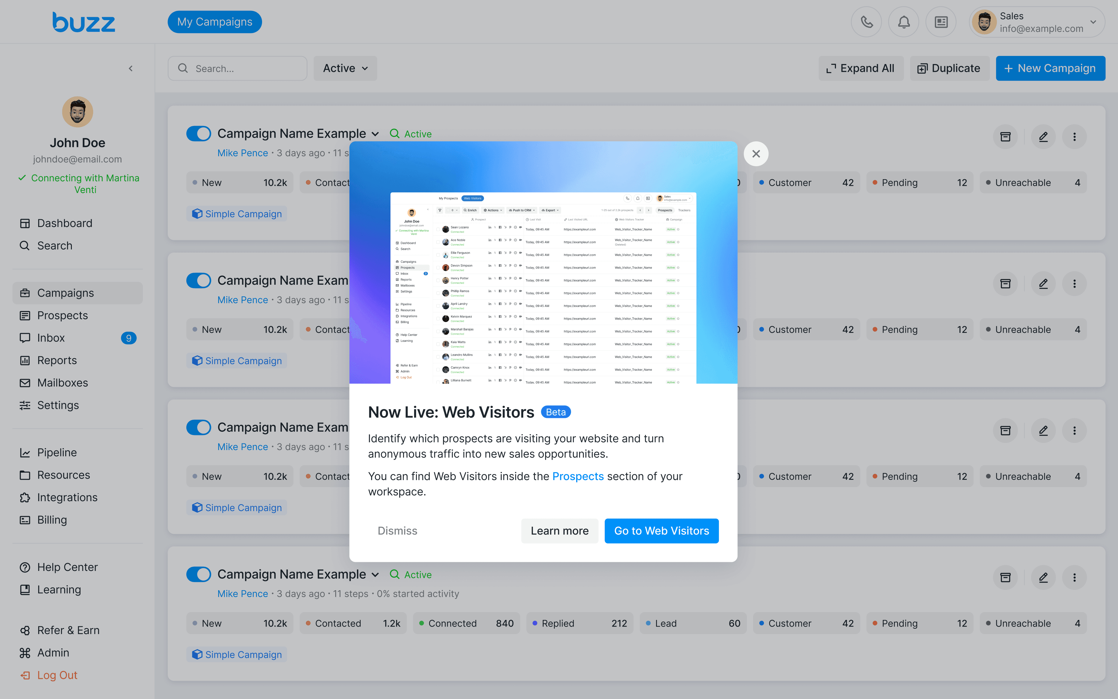 In-app announcement about Web Visitors
