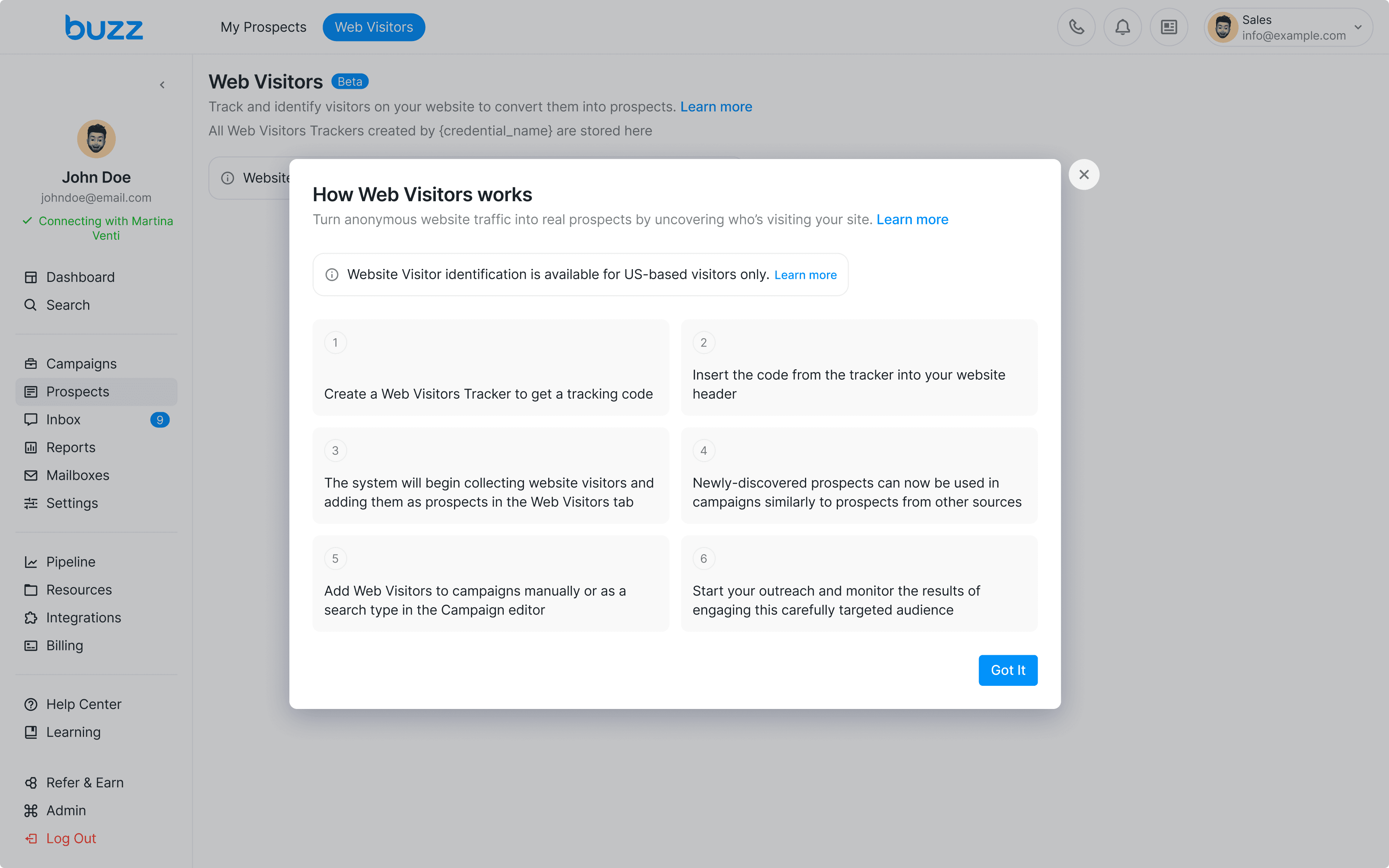 Onboarding modal for Web Visitors