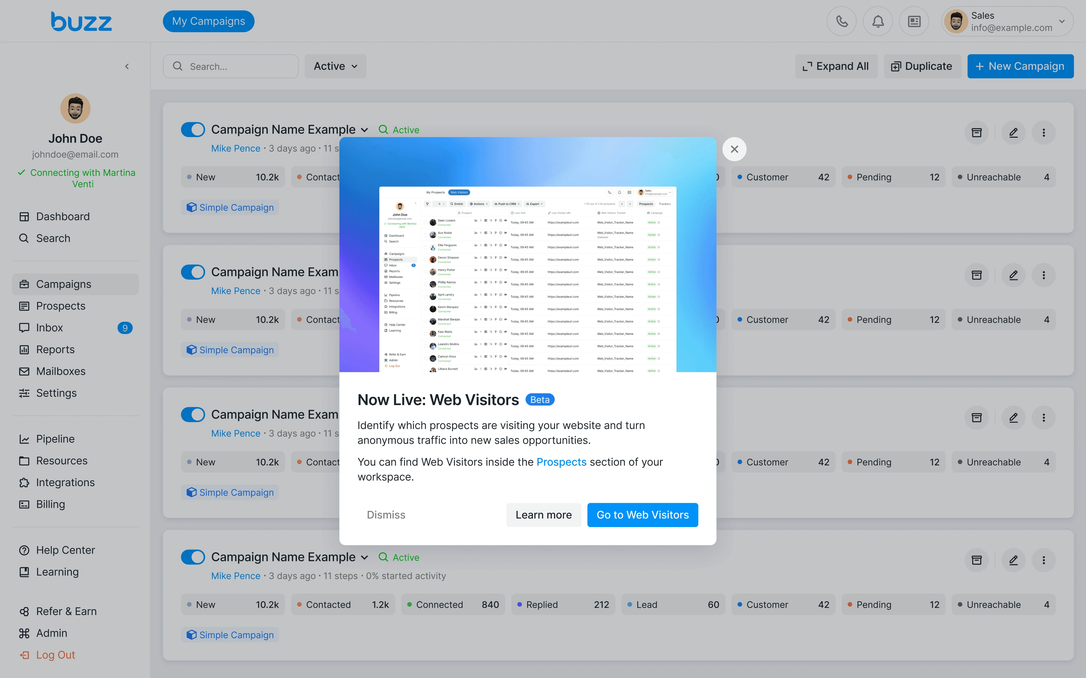 In-app announcement about Web Visitors